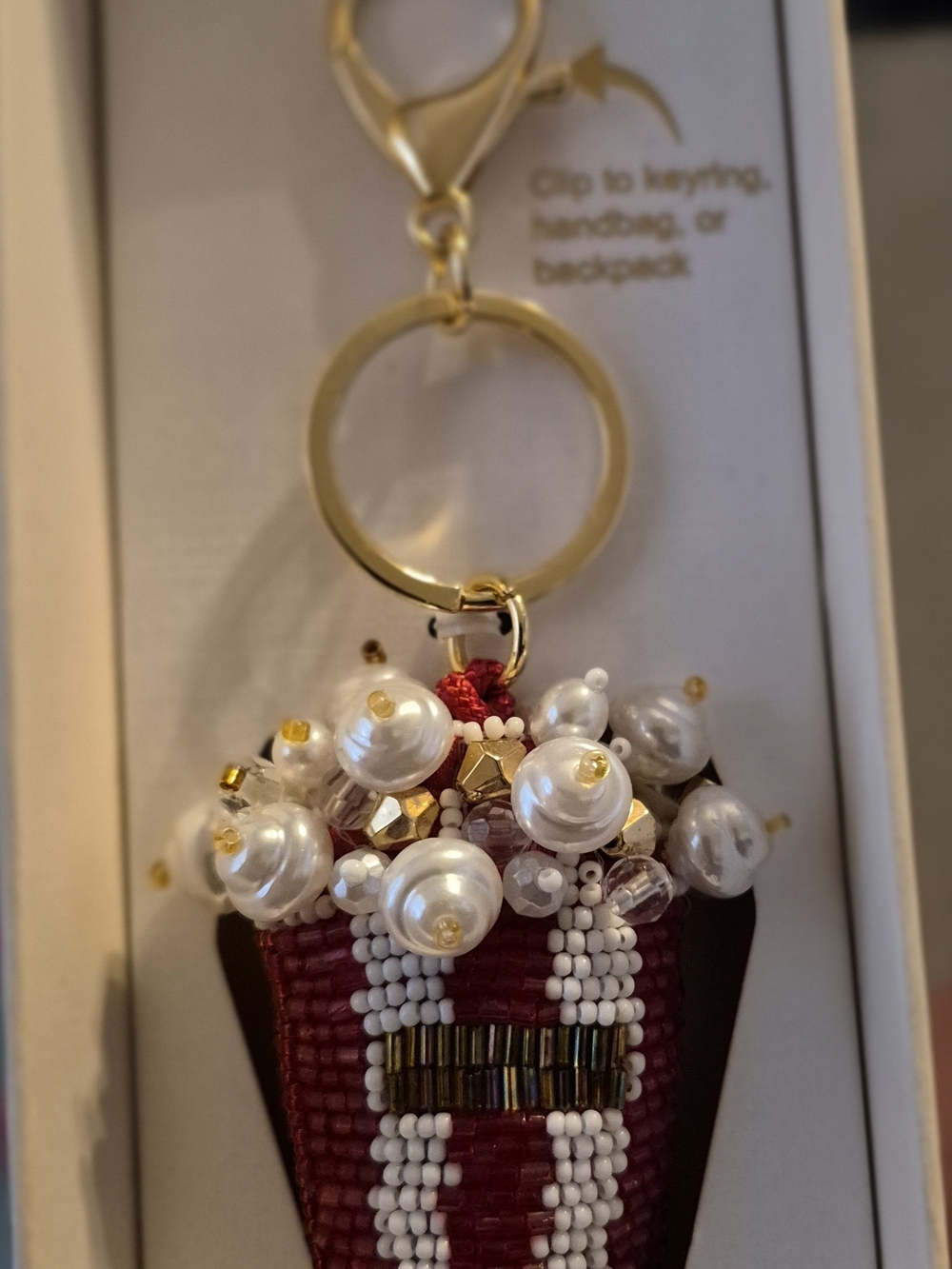 Haute Hippie Red And White Beaded Pearl Cluster Popcorn Keychain W/Gold Hardware
